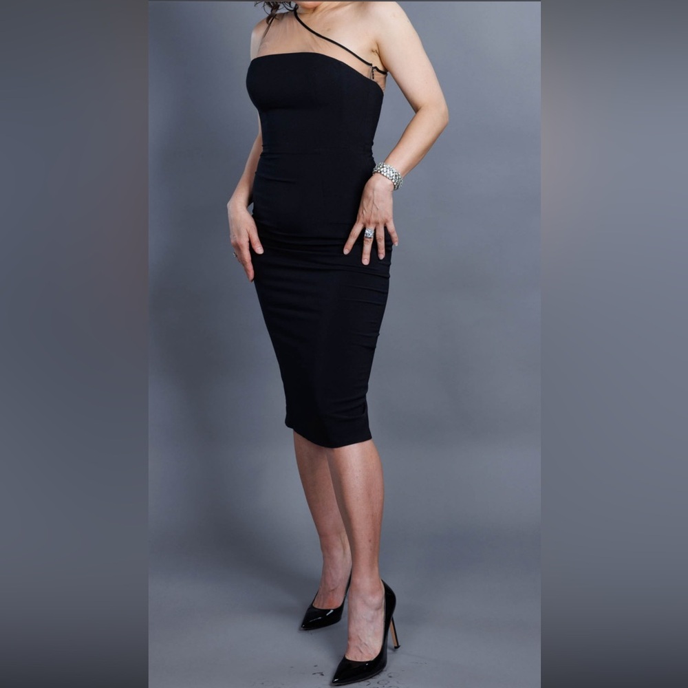 NWOT Dress The Population One Shoulder Sheer Midi Black Sheath Dress Sz Small